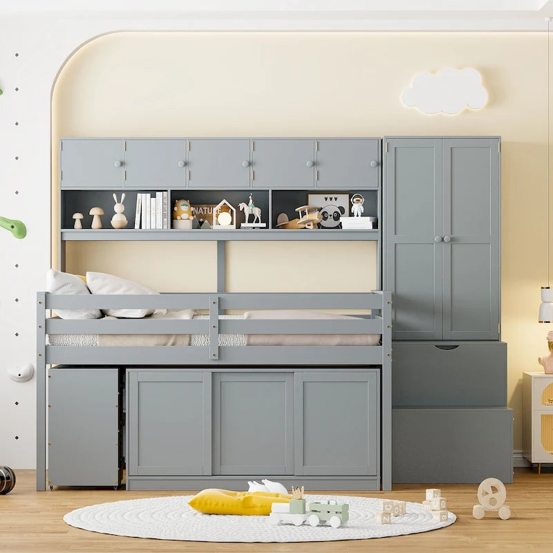 Cama Alta de Madera Tamaño Completo, Gran Almacenamiento con Escritorio Debajo de la Cama, con Cajones, con Estantes
