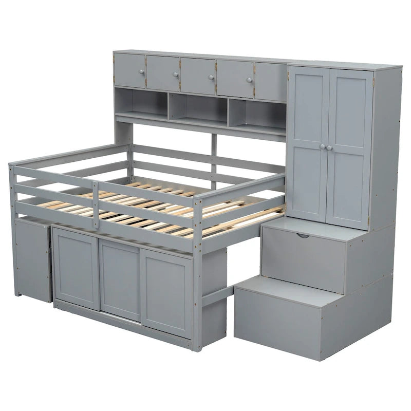 Cama Alta de Madera Tamaño Completo, Gran Almacenamiento con Escritorio Debajo de la Cama, con Cajones, con Estantes
