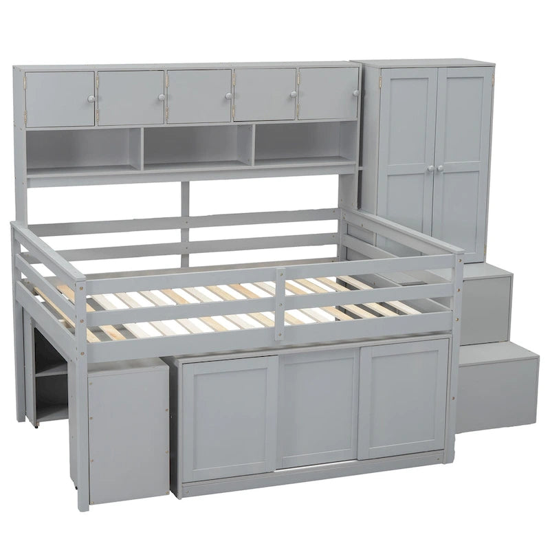 Cama Alta de Madera Tamaño Completo, Gran Almacenamiento con Escritorio Debajo de la Cama, con Cajones, con Estantes