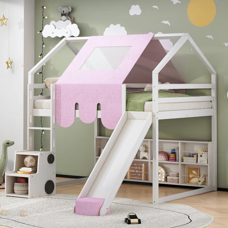 Cama alta doble con tienda de juegos, diseño de casita, tobogán y escalera