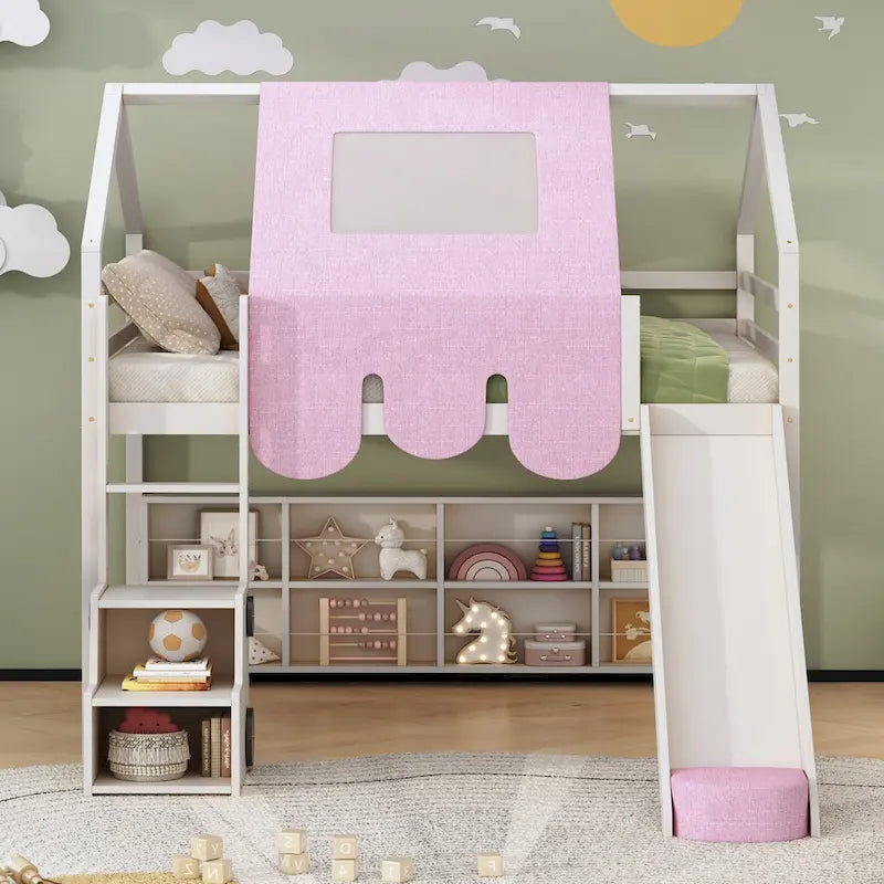Cama alta doble con tienda de juegos, diseño de casita, tobogán y escalera