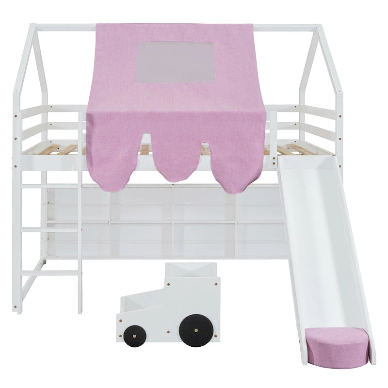 Cama alta doble con tienda de juegos, diseño de casita, tobogán y escalera