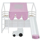Cama alta doble con tienda de juegos, diseño de casita, tobogán y escalera