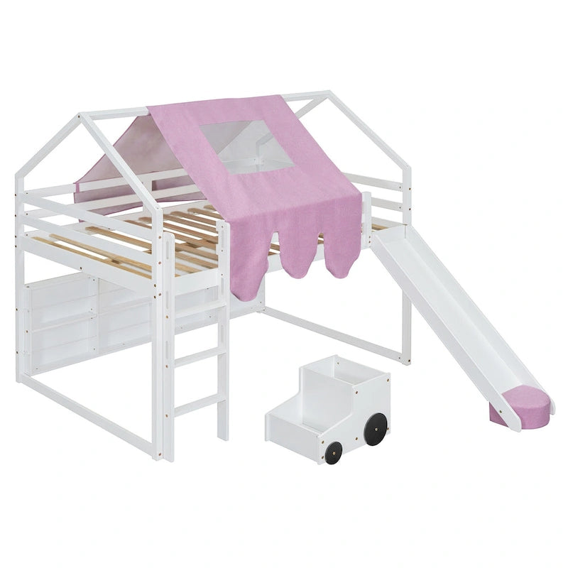 Cama alta doble con tienda de juegos, diseño de casita, tobogán y escalera