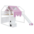 Cama alta doble con tienda de juegos, diseño de casita, tobogán y escalera