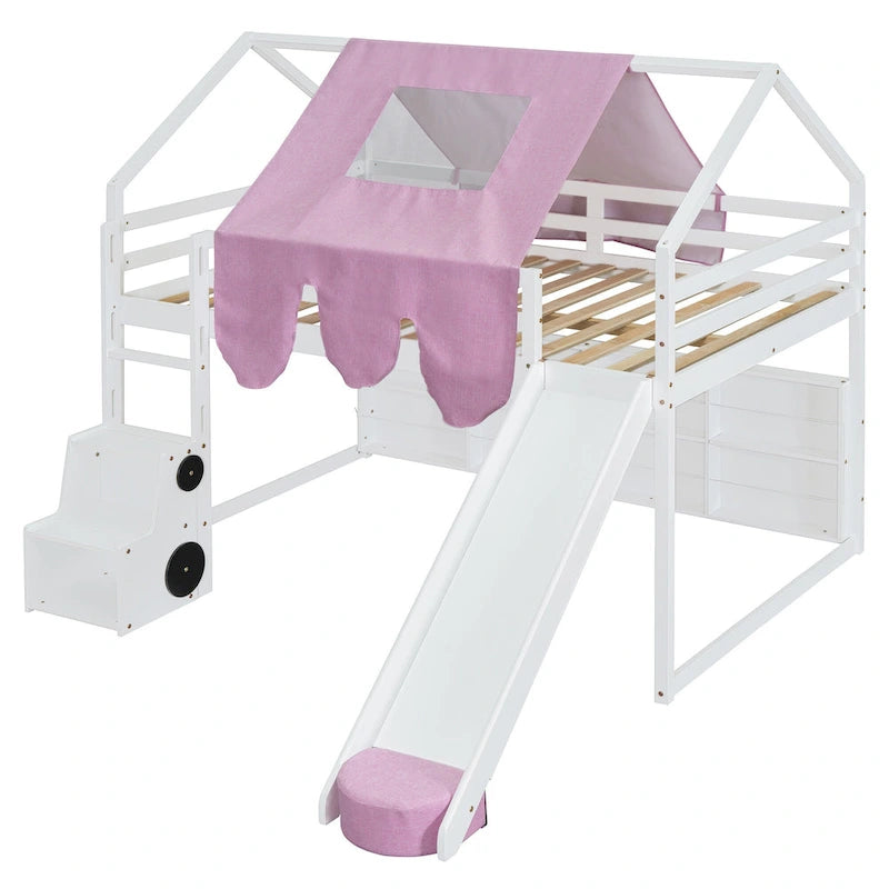 Cama alta doble con tienda de juegos, diseño de casita, tobogán y escalera