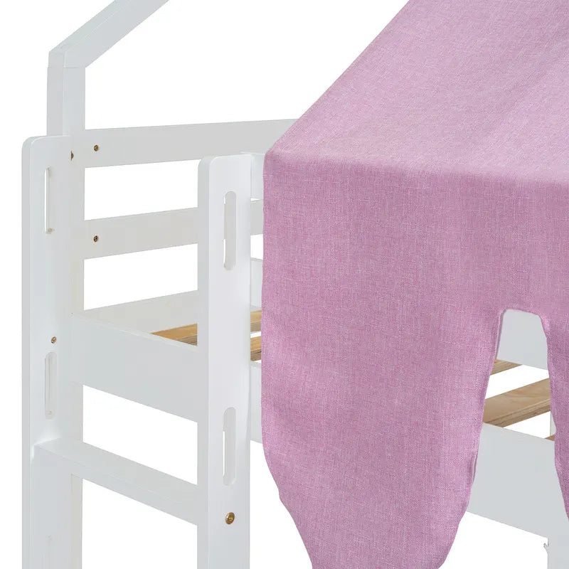 Cama alta doble con tienda de juegos, diseño de casita, tobogán y escalera