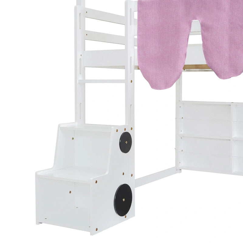Cama alta doble con tienda de juegos, diseño de casita, tobogán y escalera