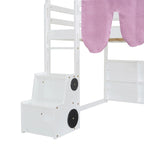 Cama alta doble con tienda de juegos, diseño de casita, tobogán y escalera