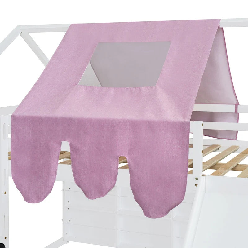 Cama alta doble con tienda de juegos, diseño de casita, tobogán y escalera