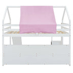 Cama alta doble con tienda de juegos, diseño de casita, tobogán y escalera
