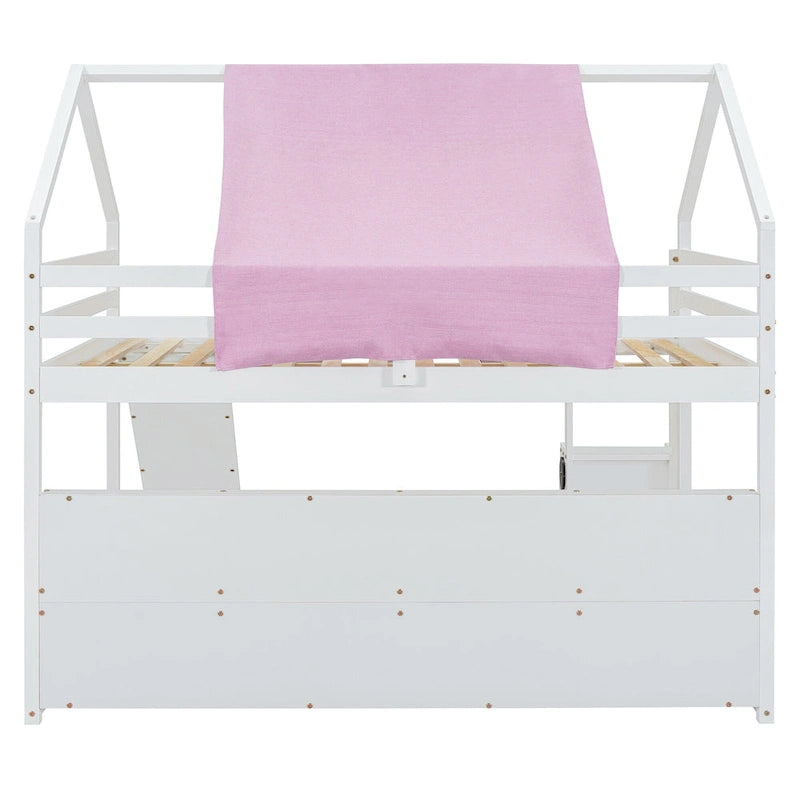 Cama alta doble con tienda de juegos, diseño de casita, tobogán y escalera