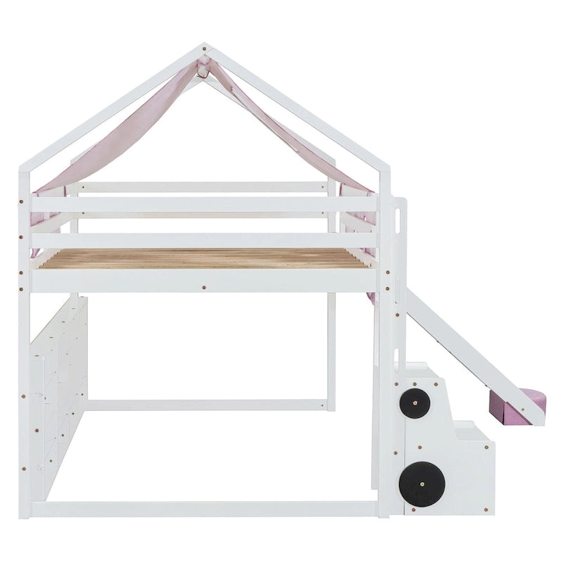 Cama alta doble con tienda de juegos, diseño de casita, tobogán y escalera