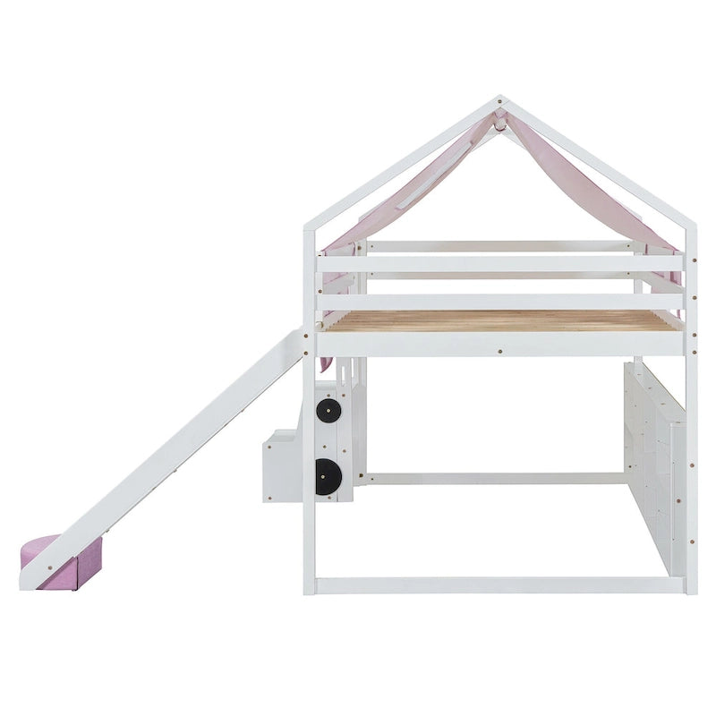 Cama alta doble con tienda de juegos, diseño de casita, tobogán y escalera