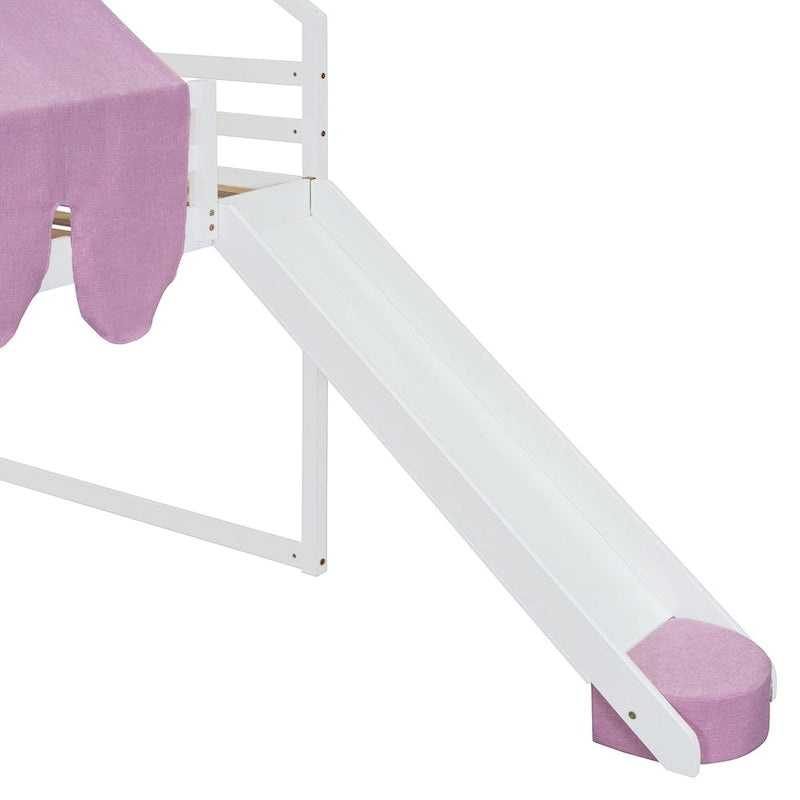 Cama alta doble con tienda de juegos, diseño de casita, tobogán y escalera