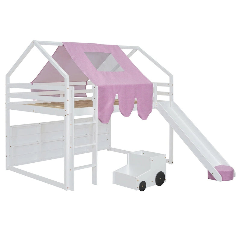 Cama alta doble con tienda de juegos, diseño de casita, tobogán y escalera