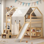 Cama alta doble con tienda de juegos, diseño de casita, tobogán y escalera
