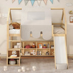 Cama alta doble con tienda de juegos, diseño de casita, tobogán y escalera