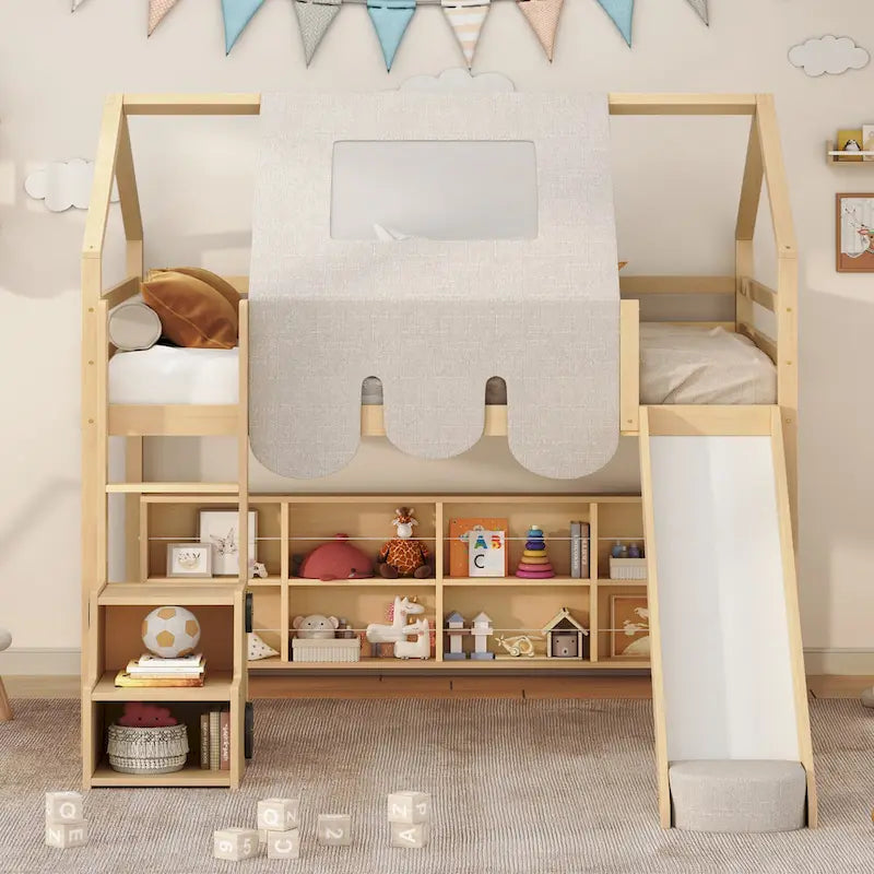 Cama alta doble con tienda de juegos, diseño de casita, tobogán y escalera