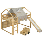 Cama alta doble con tienda de juegos, diseño de casita, tobogán y escalera