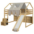 Cama alta doble con tienda de juegos, diseño de casita, tobogán y escalera