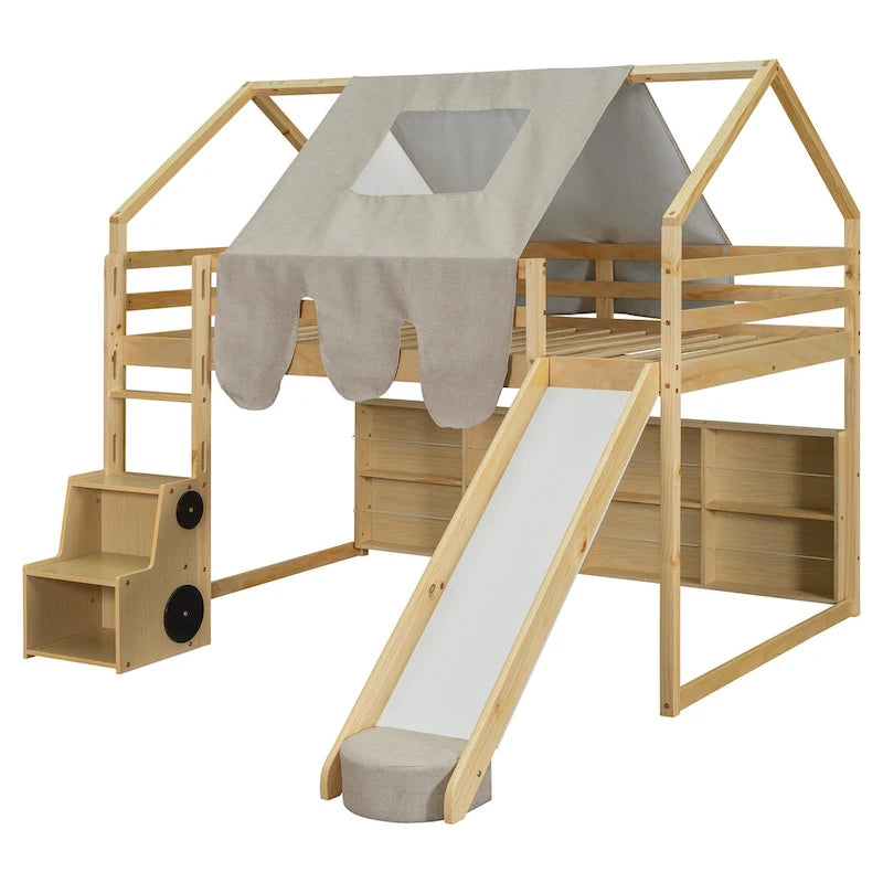 Cama alta doble con tienda de juegos, diseño de casita, tobogán y escalera