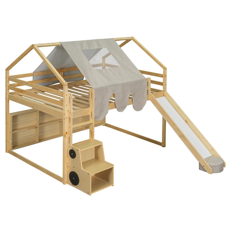 Cama alta doble con tienda de juegos, diseño de casita, tobogán y escalera