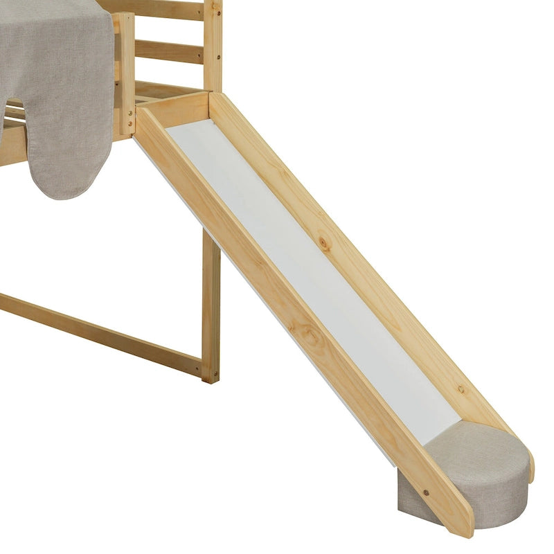 Cama alta doble con tienda de juegos, diseño de casita, tobogán y escalera