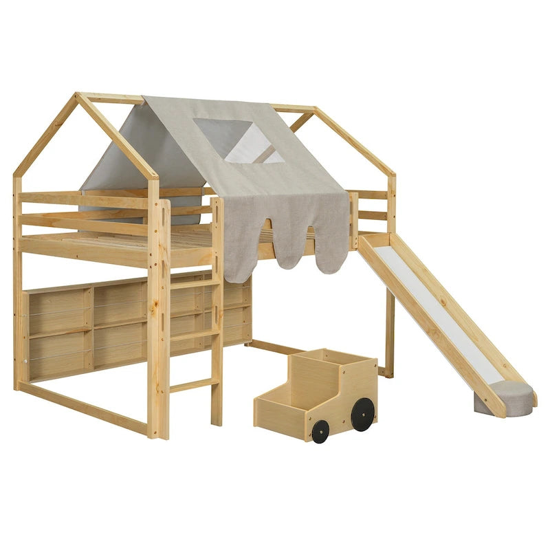 Cama alta doble con tienda de juegos, diseño de casita, tobogán y escalera