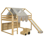 Cama alta doble con tienda de juegos, diseño de casita, tobogán y escalera