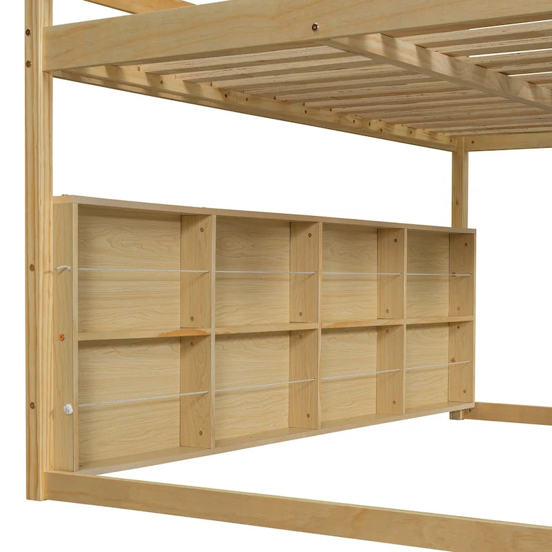 Cama alta doble con tienda de juegos, diseño de casita, tobogán y escalera