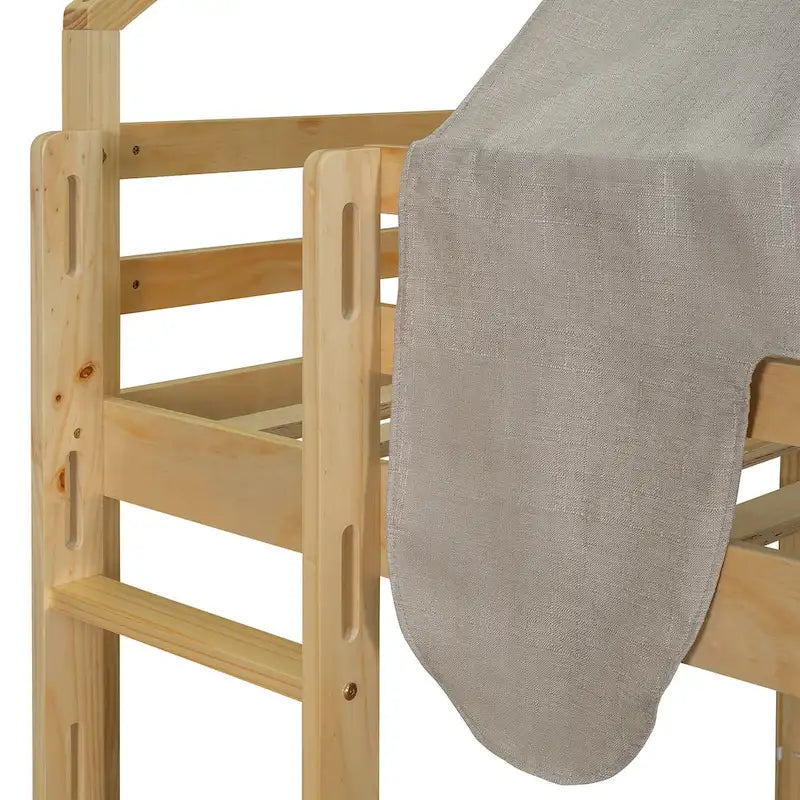 Cama alta doble con tienda de juegos, diseño de casita, tobogán y escalera