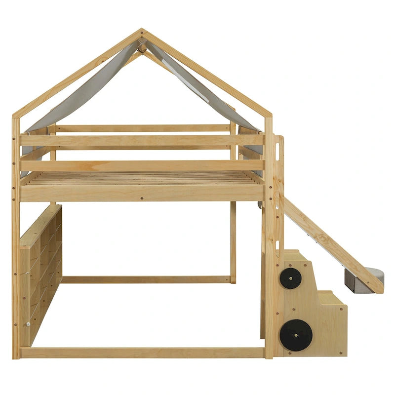 Cama alta doble con tienda de juegos, diseño de casita, tobogán y escalera