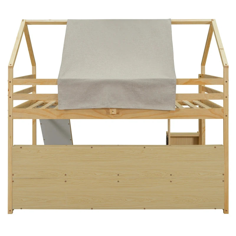 Cama alta doble con tienda de juegos, diseño de casita, tobogán y escalera