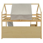 Cama alta doble con tienda de juegos, diseño de casita, tobogán y escalera