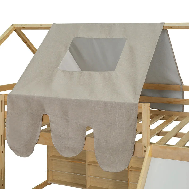 Cama alta doble con tienda de juegos, diseño de casita, tobogán y escalera