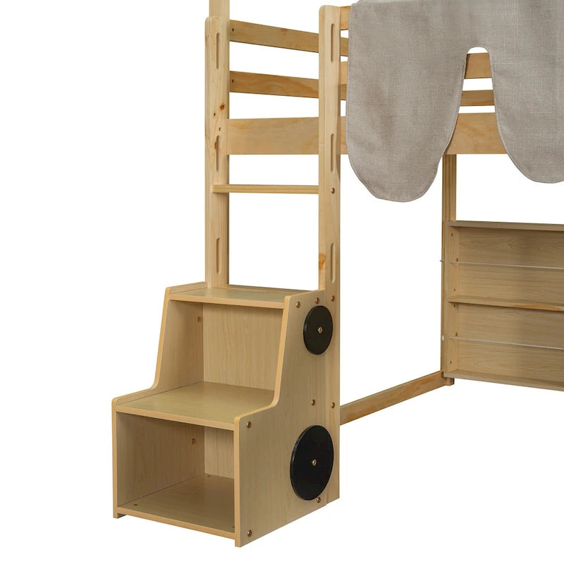 Cama alta doble con tienda de juegos, diseño de casita, tobogán y escalera