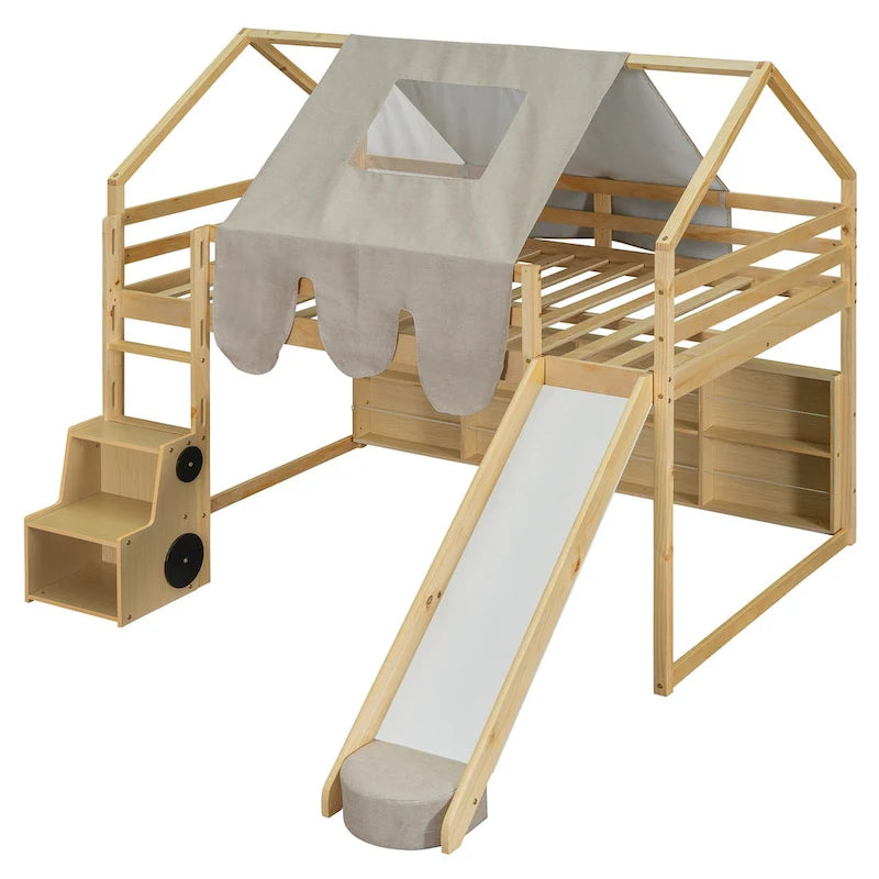 Cama alta doble con tienda de juegos, diseño de casita, tobogán y escalera