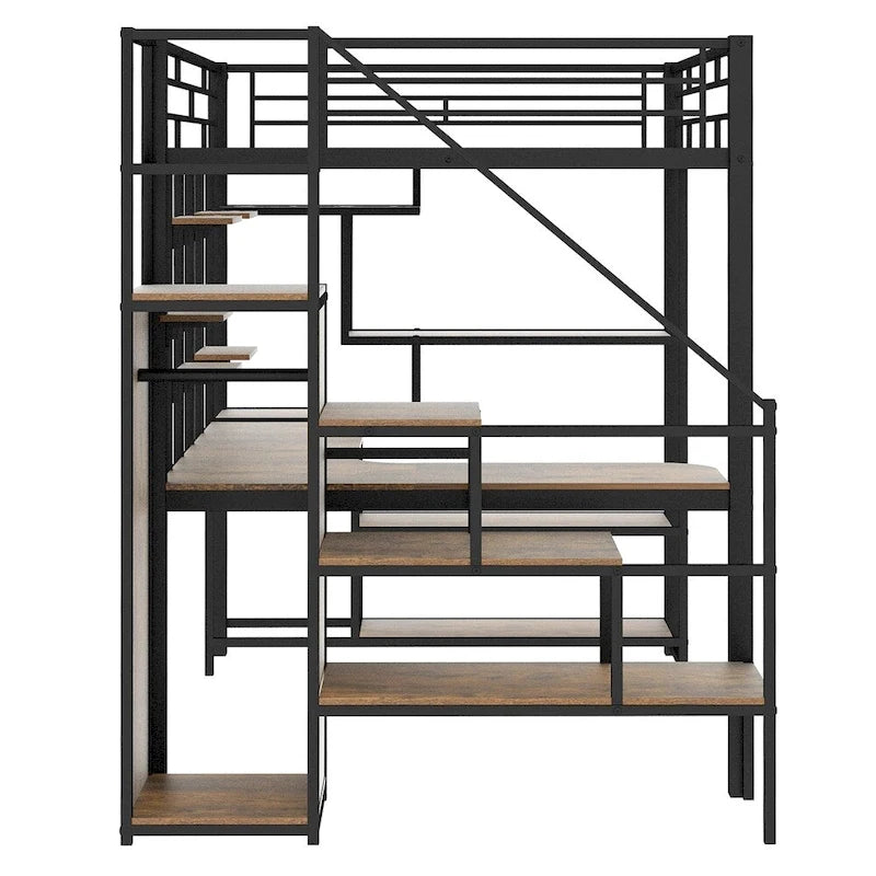 Cama alta metálica de tamaño completo con escalera de almacenamiento y armario pequeño