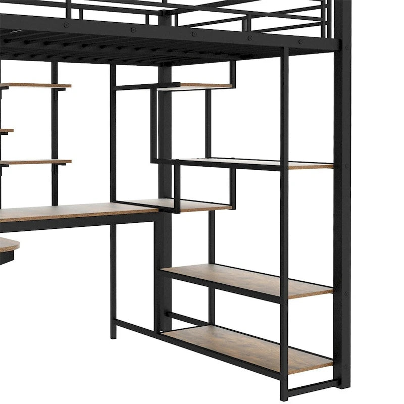 Cama alta metálica de tamaño completo con escalera de almacenamiento y armario pequeño