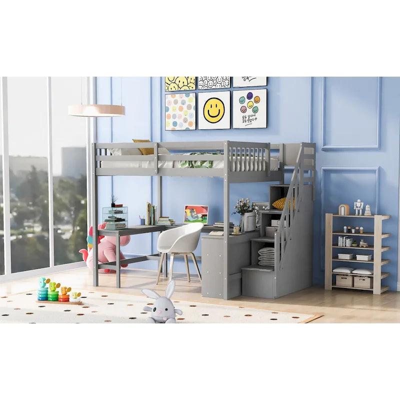 Cama alta tamaño matrimonial con escritorio en L incorporado y estantes de almacenamiento de tres niveles