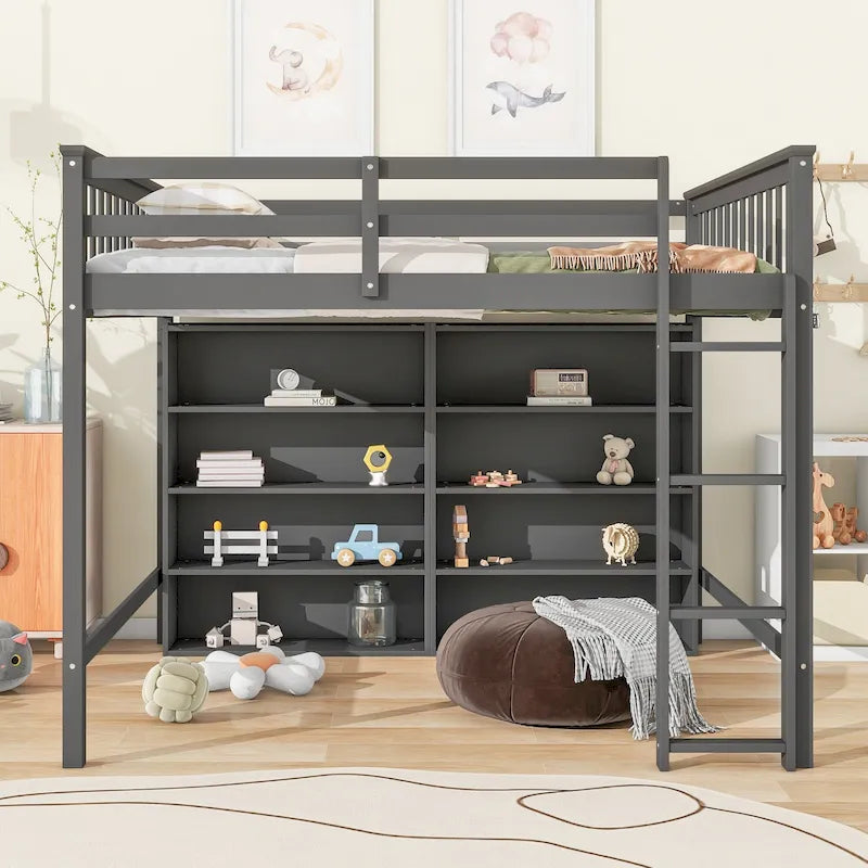 Cama alta de tamaño completo con estantes abiertos y escalera incorporada, gris