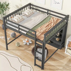 Cama alta de tamaño completo con estantes abiertos y escalera incorporada, gris