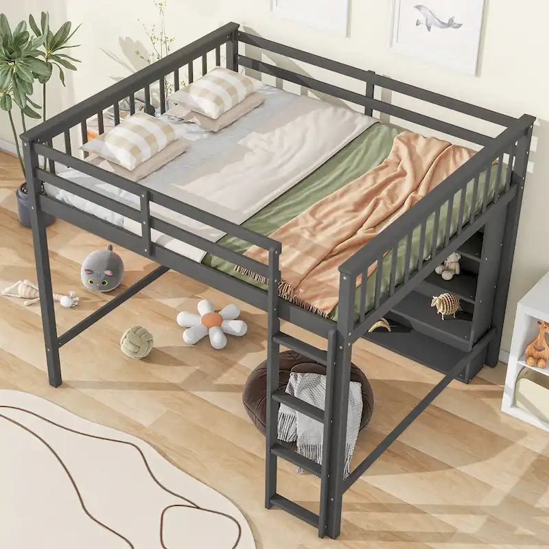 Cama alta de tamaño completo con estantes abiertos y escalera incorporada, gris