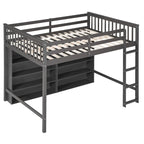 Cama alta de tamaño completo con estantes abiertos y escalera incorporada, gris
