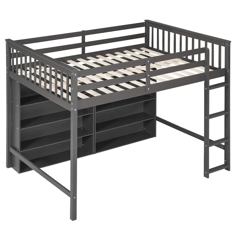 Cama alta de tamaño completo con estantes abiertos y escalera incorporada, gris