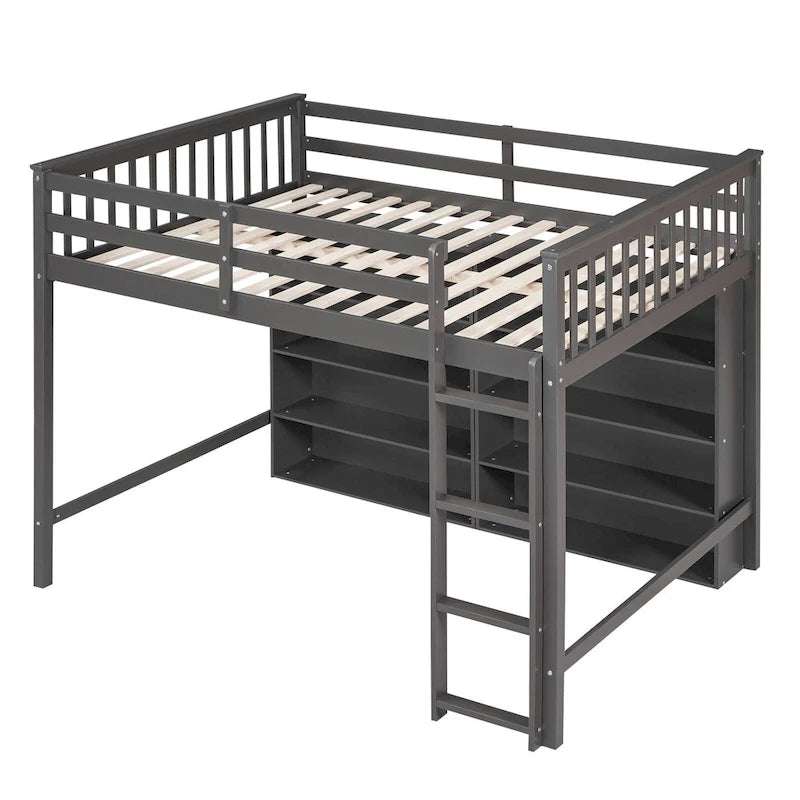 Cama alta de tamaño completo con estantes abiertos y escalera incorporada, gris