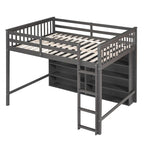 Cama alta de tamaño completo con estantes abiertos y escalera incorporada, gris