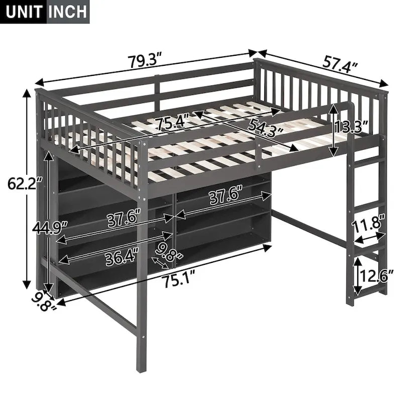 Cama alta de tamaño completo con estantes abiertos y escalera incorporada, gris