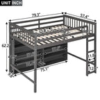 Cama alta de tamaño completo con estantes abiertos y escalera incorporada, gris